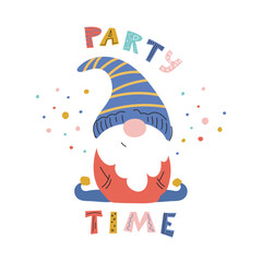 Cute cartoon dwarf with party time lettering