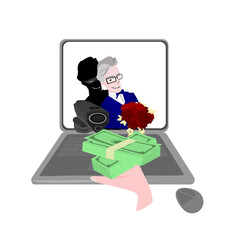 Man holding a bouquet of roses and a shadow holding a gun behind him.illustration romance scammer   and computer on isolate transparent background.Online crime and deception concept.png.