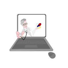 Vector illustration doctor and drug and computer on isolate white background.Online medical consultation concept.