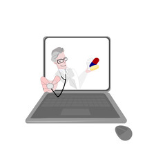 Vector illustration doctor and drug and computer on isolate white background.Online medical consultation concept.