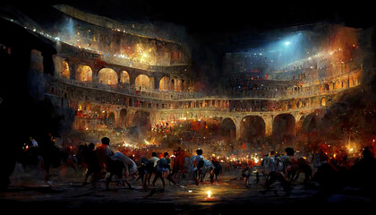 AI generated image of a large crowd watching a chariot race and gladiator fight in the Colosseum, ancient Rome   - obrazy, fototapety, plakaty
