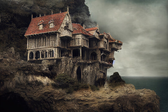 AI generated image of an abandoned ruined haunted mansion on a cliff-edge by the sea 