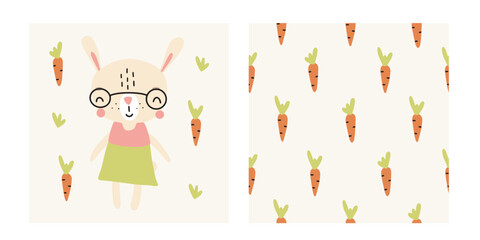 Cute cartoon rabbit and carrot seamless pattern. Funny hare for nursery or textile decoration. Vector illustration isolated on white background