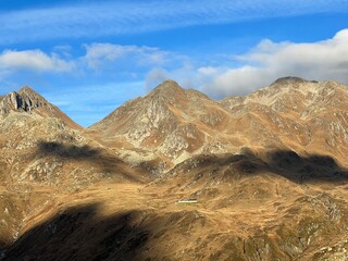Rocky mountain peaks in the massif of the Swiss Alps above the St. Gotthard Pass (Gotthardpass), Airolo - Canton of Ticino (Tessin), Switzerland (Schweiz)