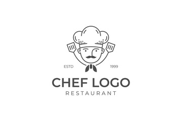 vintage retro restaurant and professional chef line logo design with a cap or chef hat and badge concept design