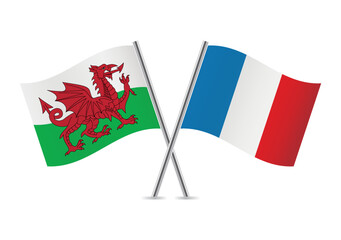 Wales and France crossed flags. Welsh and French flags, isolated on white background. Vector icon set. Vector illustration.