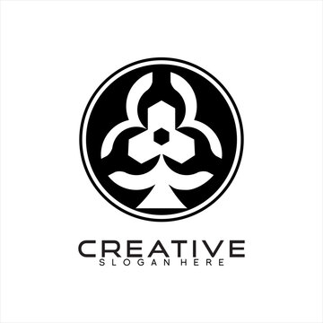 Creative logo design with circle, hexagon and wrench elements in blackjack symbol concept.