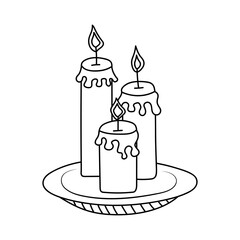 Candles on a plate in doodle style. Day of the dead, birthday, celebration, holiday, party, religion concept. Black and white vector illustration for coloring book.