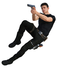 3D Rendered Young Man In Fighting Pose on Transparent Background Wearing Black Suit and Weapon - 3D Illustration