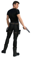 3D Rendered Young Man In Fighting Pose on Transparent Background Wearing Black Suit and Weapon - 3D Illustration