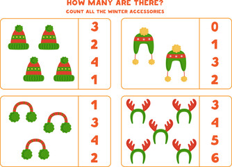 Counting game with cartoon winter accessories. Educational worksheet.