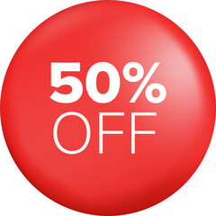 50% off mark in 3d red round pin. Red botton digital marketing web.