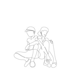 Cartoon Young boy wearing cap and girlfriend are sitting together in single line drawing style.Couple sitting together in hand drawn one lin.Vector illustration flat continue line for Valentine’s Day.