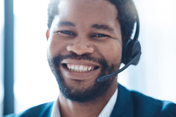 Call center, telemarketing and black man working as support, customer service or crm agent with...