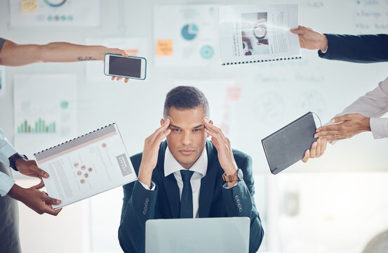 Stress, burnout and overworked with a business man suffering from a headache and feeling overwhelmed by multitasking demand. Mental health, frustrated and fail with a stressed male employea at work