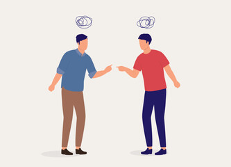 Two Angry Man Fighting With Finger Pointing At Each Other. Full Length. Flat Design, Character, Cartoon.