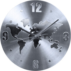 Stainless clock with world map sign isolated