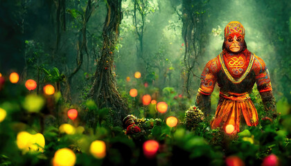 AI generated image of Hindu god Hanuman looking for the magical medicinal plant Sanjeevani in a forest, as mentioned in the Hindu epic Ramayan 