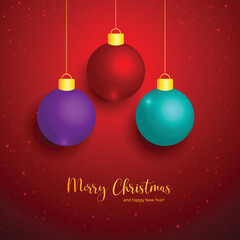 Christmas realistic balls on red background