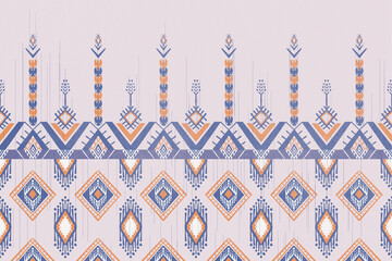 Aztec fabric pattern design with blue and orange stripes on pink background