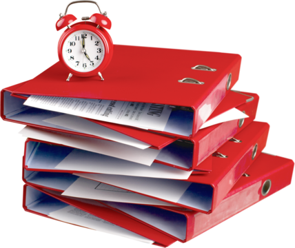 A stack of binders under an alarm clock - deadline concept