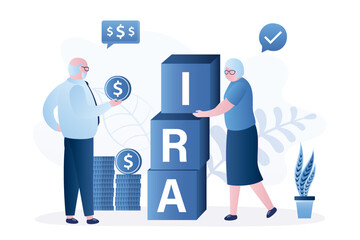 Elderly people make up the word - IRA from cubes, individual retirement account. Happy couple of grandparents with money. Financial freedom. Retirement savings, pension fund, passive income.