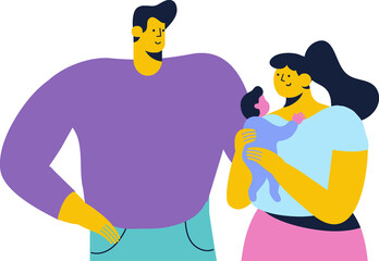 Mother and father with kid, family, parents flat illustration