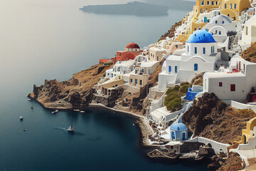 AI generated image of a nice warm day at Santorini in Greece  - obrazy, fototapety, plakaty