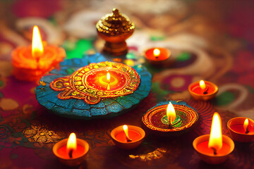 Shiny colorful floral background with illuminated 3D Oil Lamps (Diya) for Diwali celebration.
