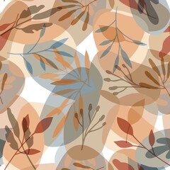 Silhouette layered plants and stones on white background Abstract modern Mid-Century seamless pattern in faded muted colors