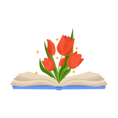 Open book with a bouquet of beautiful flowers and stars. Blue book and red flowers. Vector graphic.	