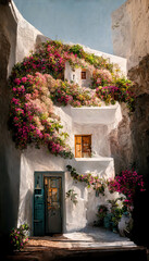 AI generated image of a typical white-washed Greek house with blooming bougainvillea plants in Santorini island Greece