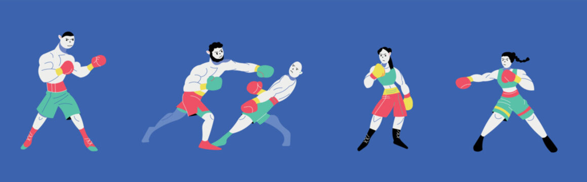 Men And Women Do Boxing. Image Of Boxers In Different Poses. Hand Drawn