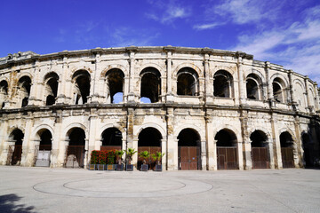 Fototapeta na wymiar Arenas of Nimes french town Roman amphitheater in arenes de Nimes city France