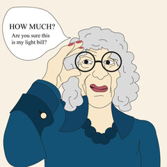 A stylish elderly woman with glasses, a blue shirt, red lips, beautiful beads and speech bubble with text How much? This is my light bill? Vector illustration of a fashionable adult European woman.
