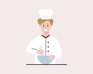 Happy boy mixing ingredient with bowl at home. Children wearing chief hat and uniform preparing food. Cooking, Leisure activity concept. Flat cartoon vector design illustration.