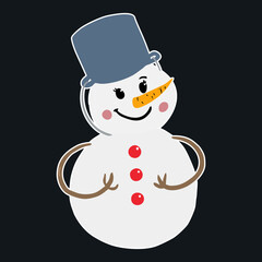 Doodle sticker snowman with bucket and carrot. Vector illustration