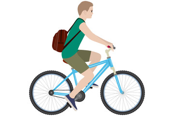 Obraz premium A young guy with a backpack rides a bike. Vector image isolated on white background