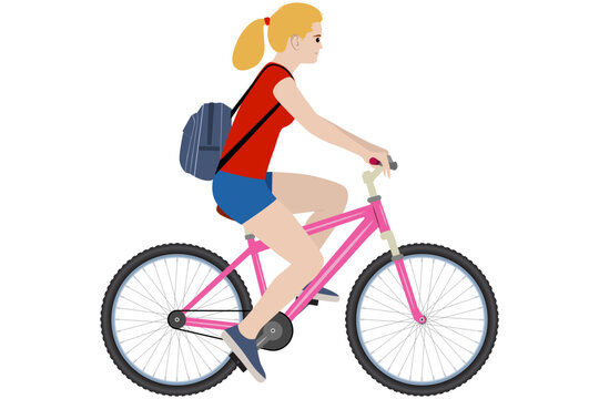 A young girl with a backpack rides a bicycle. Vector image isolated on white background