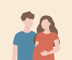 Man and Woman Couple expecting their child. Husband and Pregnant wife holding belly. Pregnancy, parenthood, childbirth concept. Flat cartoon character vector illustration with red hearts background.