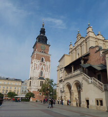 Polska Kraków  kolory jesieniw centrum miasta widok na wieżę ratusza