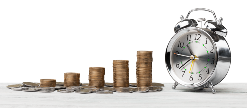 Stack golden coins with alarm clock, Save  time money concept