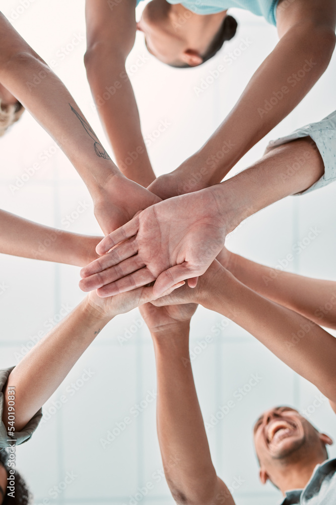 Poster hands, collaboration and unity with a business team in a huddle or circle in the office together fro