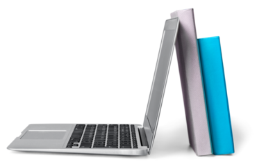 Laptop and books isolated on white background. Modern education and on-line learning