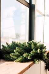 Branches of a green Christmas tree lie on a large beautiful window Christmas