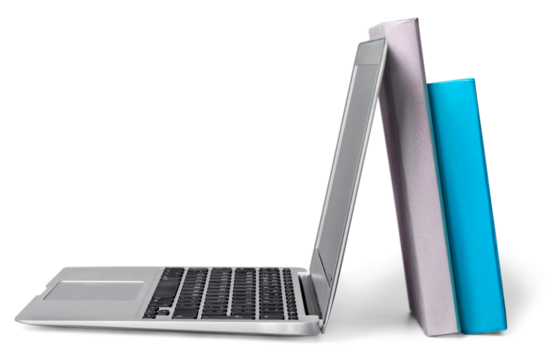 Laptop and books isolated on white background. Modern education and on-line learning