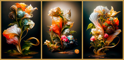 Bouquets of dried flowers. Artistic compositions for printing and interior design. Set of three images. 