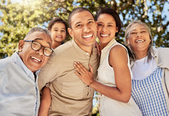 Big family, portrait smile and hug in nature for quality bonding time for summer vacation in the outdoors. Mother, father and kid with grandparents smiling together in happiness for fun family trip