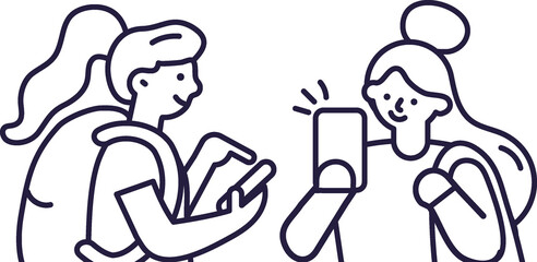 Young woman holding phone linear  illustration