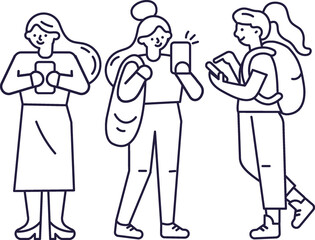 Young woman holding phone linear  illustration